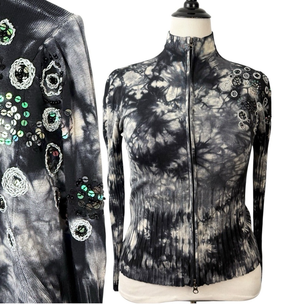 BODY IN SILK Cardigan Jacket TOP Large Sequin Beaded Embroidered Indie Artsy